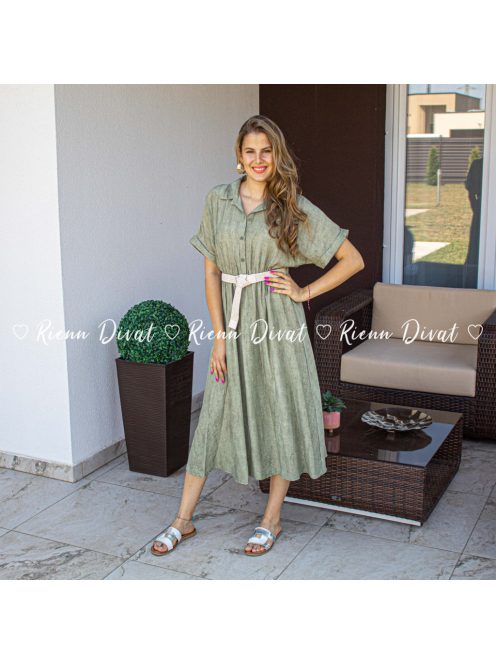 Military viszkóz maxi ruha + öv - khaki 