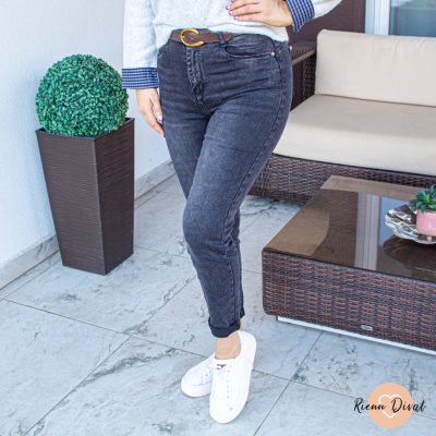 Hanna MOM fit farmer nadrág - PUSH UP + öv - szürke 