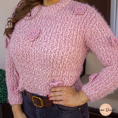 Milana 3D virágos szőrmés pulóver - púder