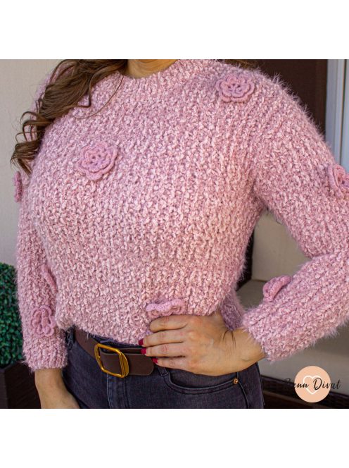 Milana 3D virágos szőrmés pulóver - púder