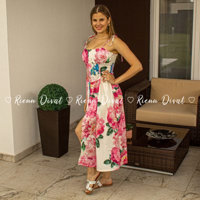 Zita virágos midi ruha - PUSH UP - fehér