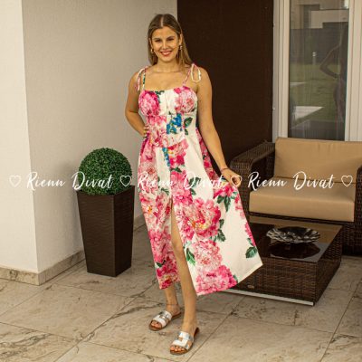 Zita virágos midi ruha - PUSH UP - fehér