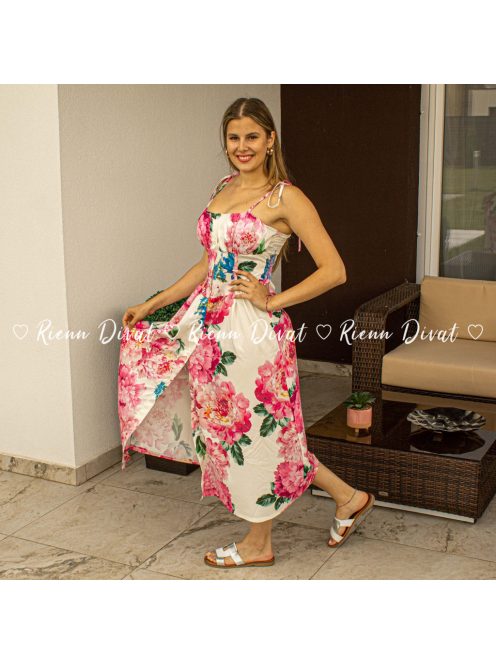 Zita virágos midi ruha - PUSH UP - fehér