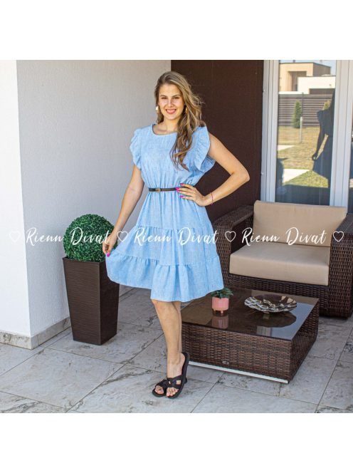 Bree fodros ujjú viszkóz loknis ruha + öv - kék 