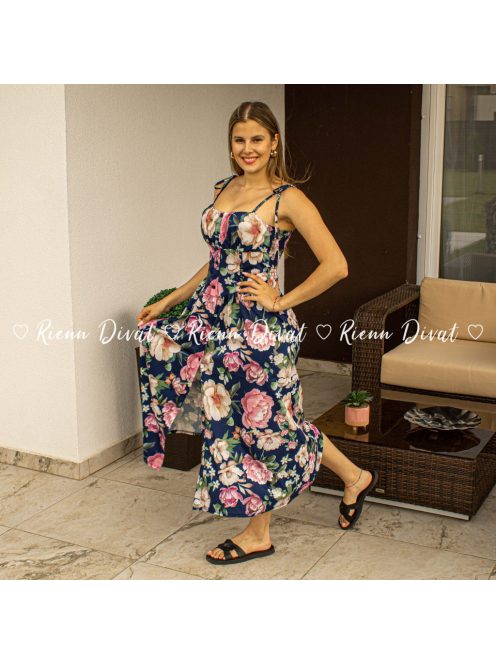 Zita virágos midi ruha - PUSH UP - kék