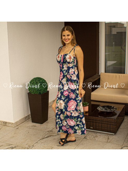Zita virágos midi ruha - PUSH UP - kék