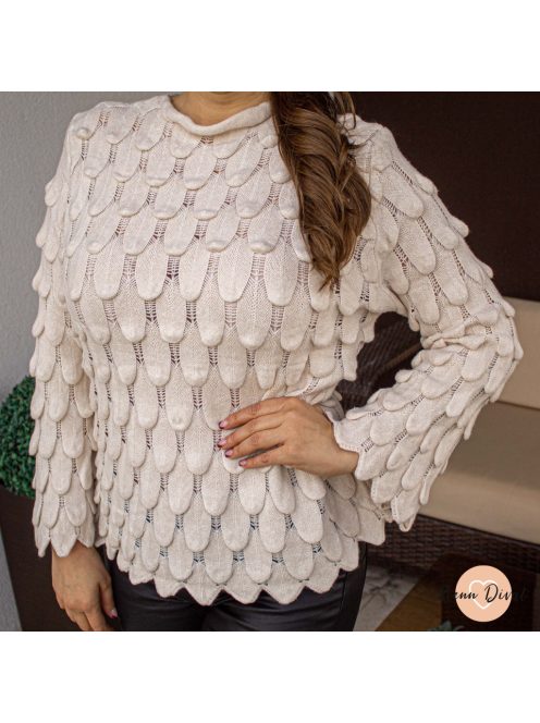 Wix 3D mintás kötött tölcsér ujjú pulóver - bézs 