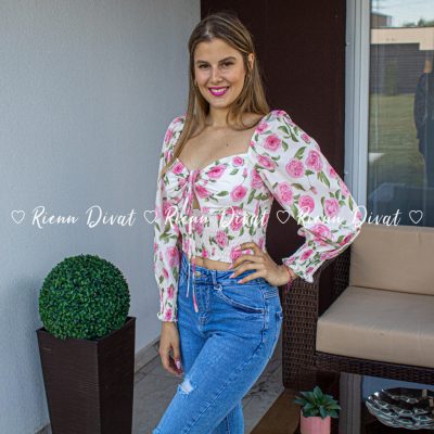 Róza virágmintás crop felső - PUSH UP
