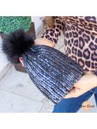 Zelma bordázott kötött sapka - csillogós fekete 