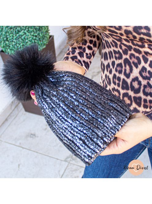 Zelma bordázott kötött sapka - csillogós fekete 