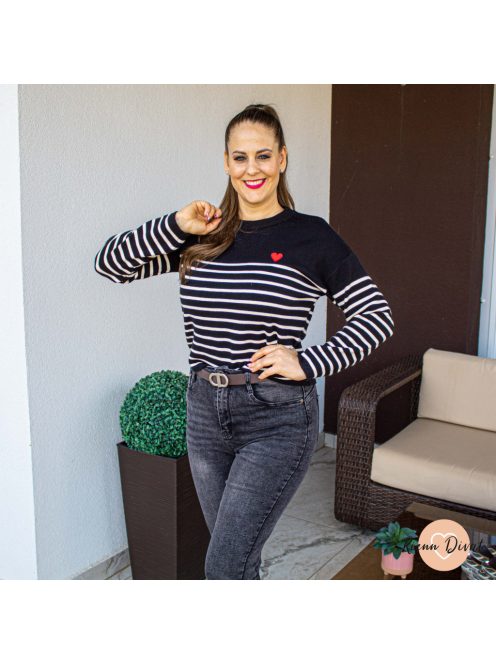 Colette csíkos szívecskés pulóver - fekete 