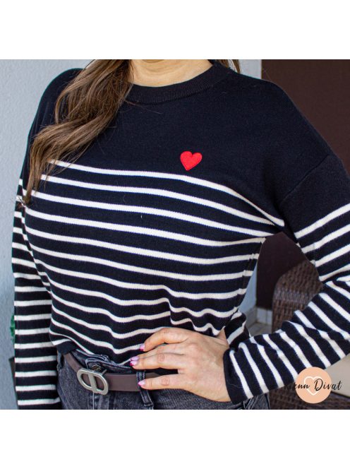 Colette csíkos szívecskés pulóver - fekete 