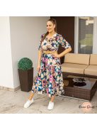 Kate virágos pamut maxi ruha + gumis öv - sötétkék 