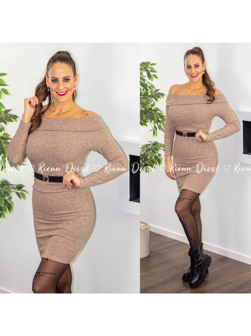 Melinda bordázott ejtett vállú ruha - bézs 