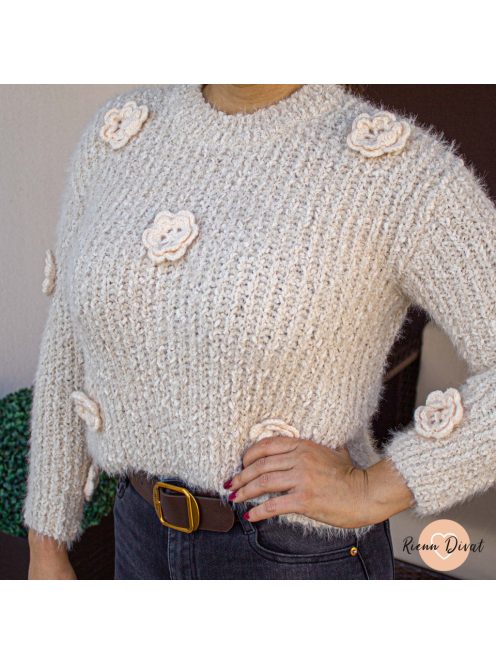 Milana 3D virágos szőrmés pulóver - bézs 