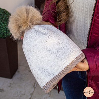 Zolna csillogós bélelt kötött sapka - krémszín