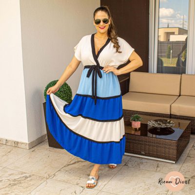 Tricolor fodros maxi ruha - kék