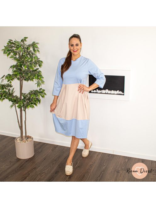 Pamela hagyma fazonú pamut ruha zsebekkel - kék - bézs