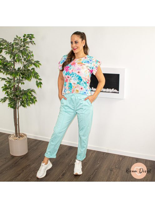 Dorka fodros ujjú bordázott felső - türkiz virágmintás