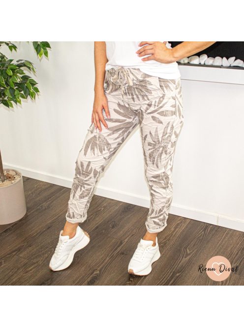 Rena gumis derekú rugalmas viszkóz nadrág - pálma mintás bézs