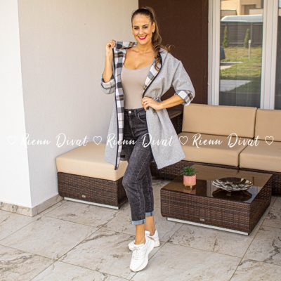 Vanilla kockás kapucnis filc kardigán - szürke