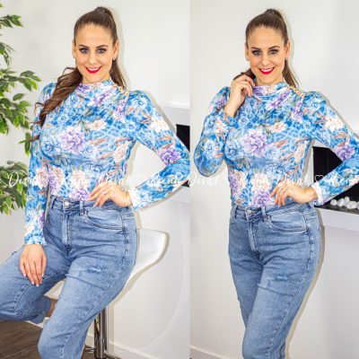 Blanka poliamid virágmintás felső díszgombokkal - kék 