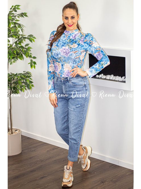 Blanka poliamid virágmintás felső díszgombokkal - kék 