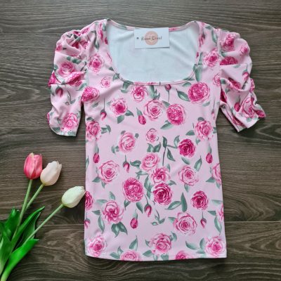   Bonnie bordázott virágmintás felső puffos ujjakkal - rózsaszín 