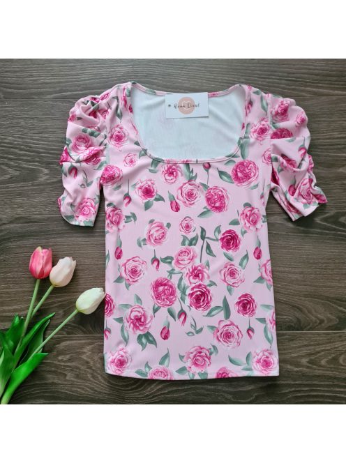 Bonnie bordázott virágmintás felső puffos ujjakkal - rózsaszín 