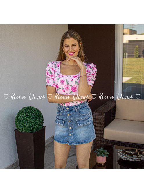 Bonnie bordázott virágmintás felső puffos ujjakkal - rózsaszín 