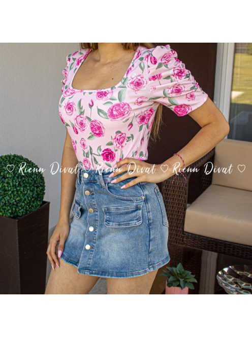 Bonnie bordázott virágmintás felső puffos ujjakkal - rózsaszín 