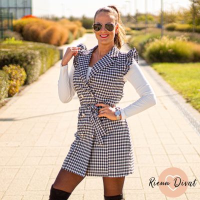 Classy fodros ujjú kockás blézer ruha