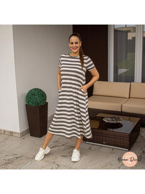 Reka csíkos pamut midi ruha zsebekkel - khaki